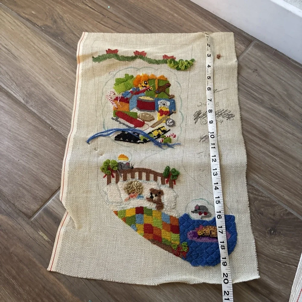 Vintage Handpainted Needlepoint Canvas Sleeping Christmas Stocking Unfinished